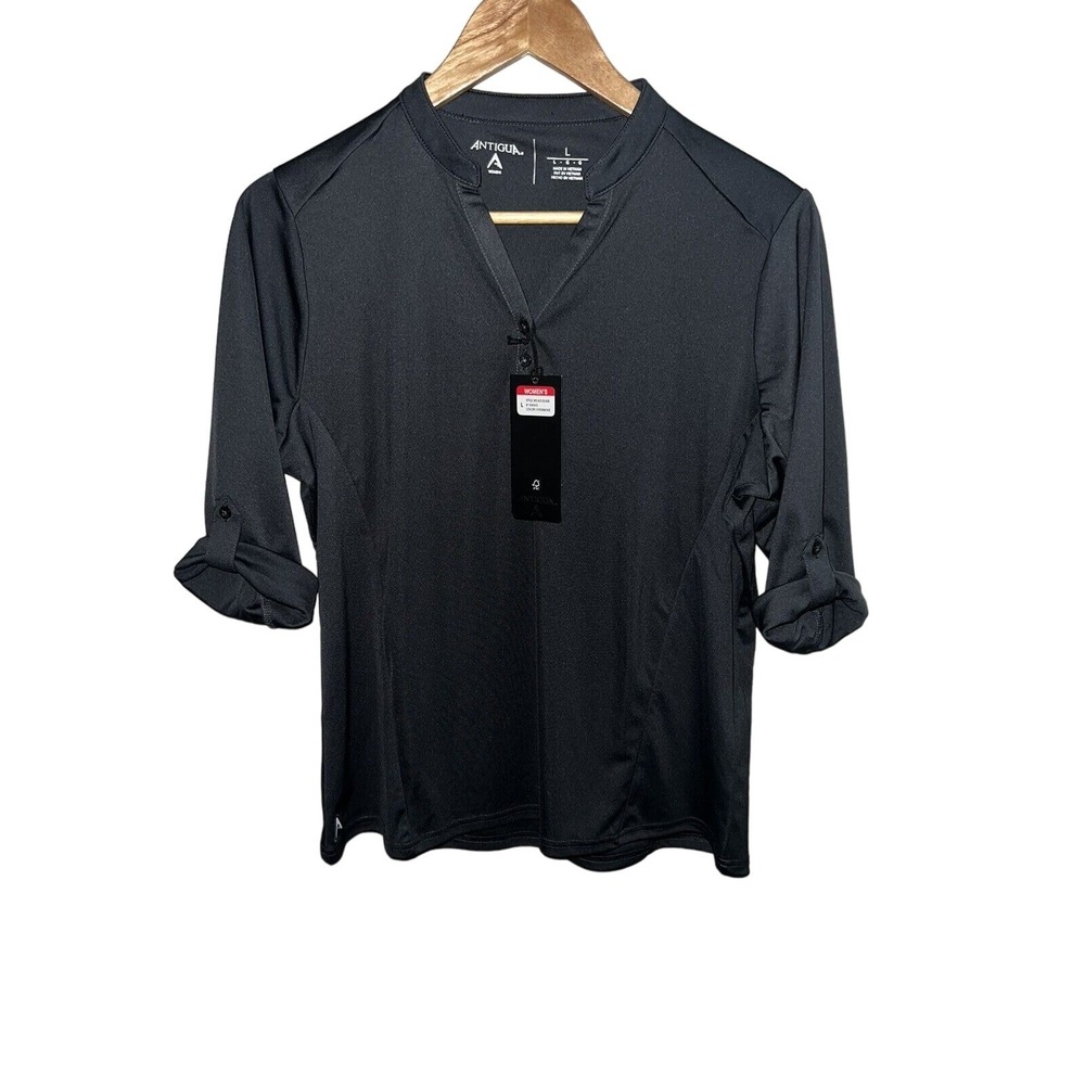 Antigua Womens Nero Collar 3/4 Sleeve Activewear‎ Shirt Gray Large NWT